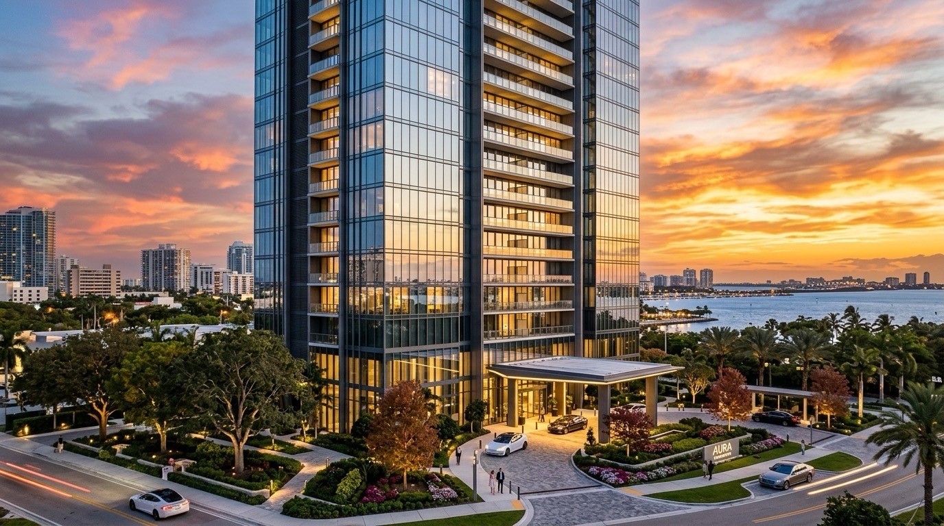 Luxury high-rise exterior at golden hour
