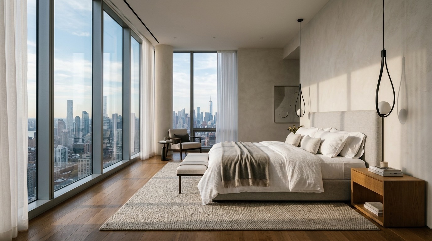 Master bedroom with floor-to-ceiling windows and timber beams