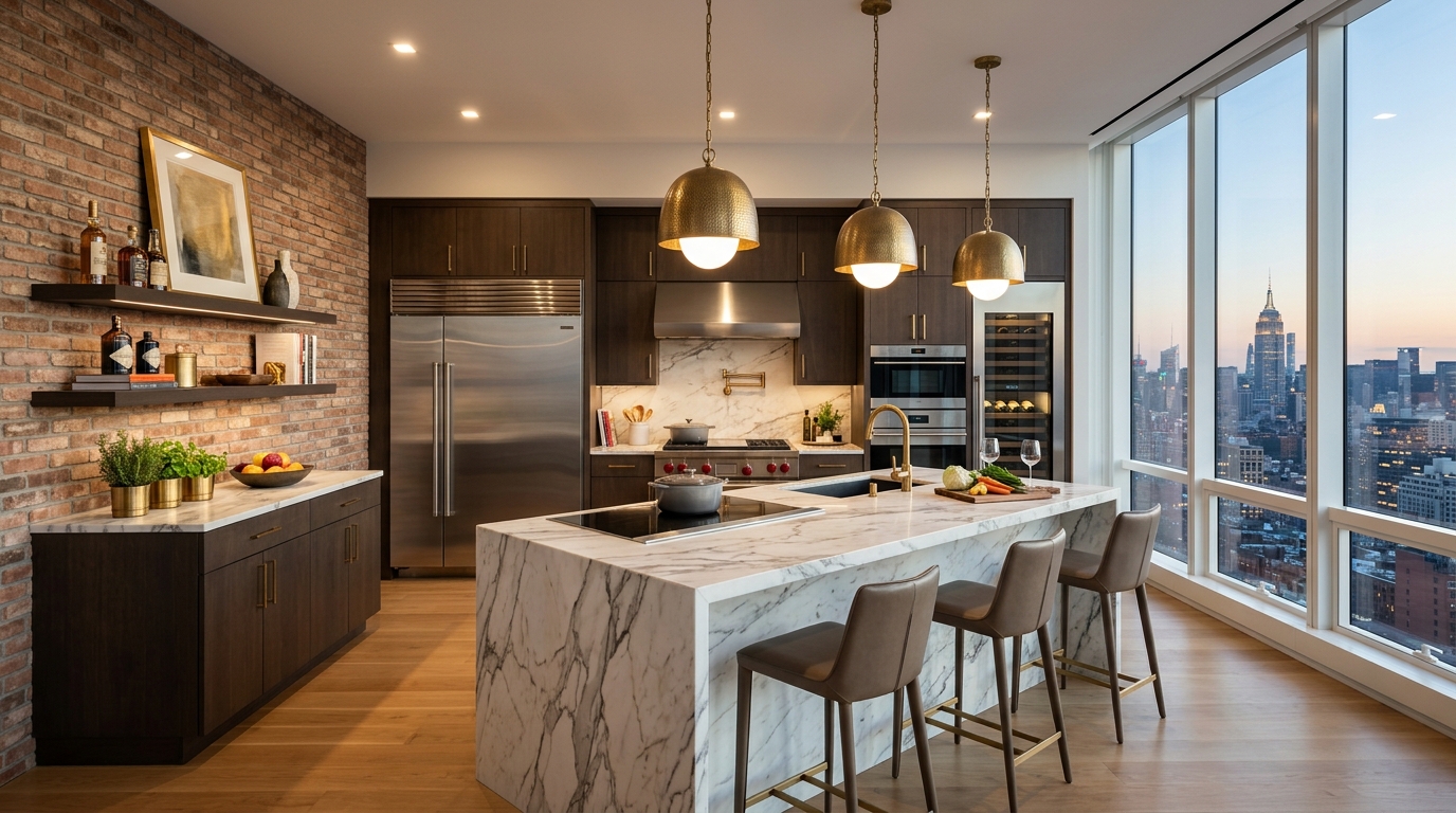 Gourmet chef's kitchen with marble island and exposed brick