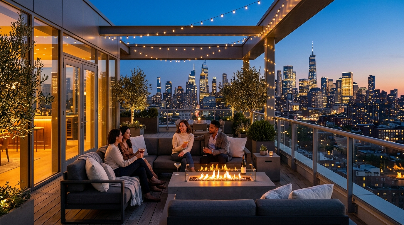 Rooftop terrace with panoramic city skyline views