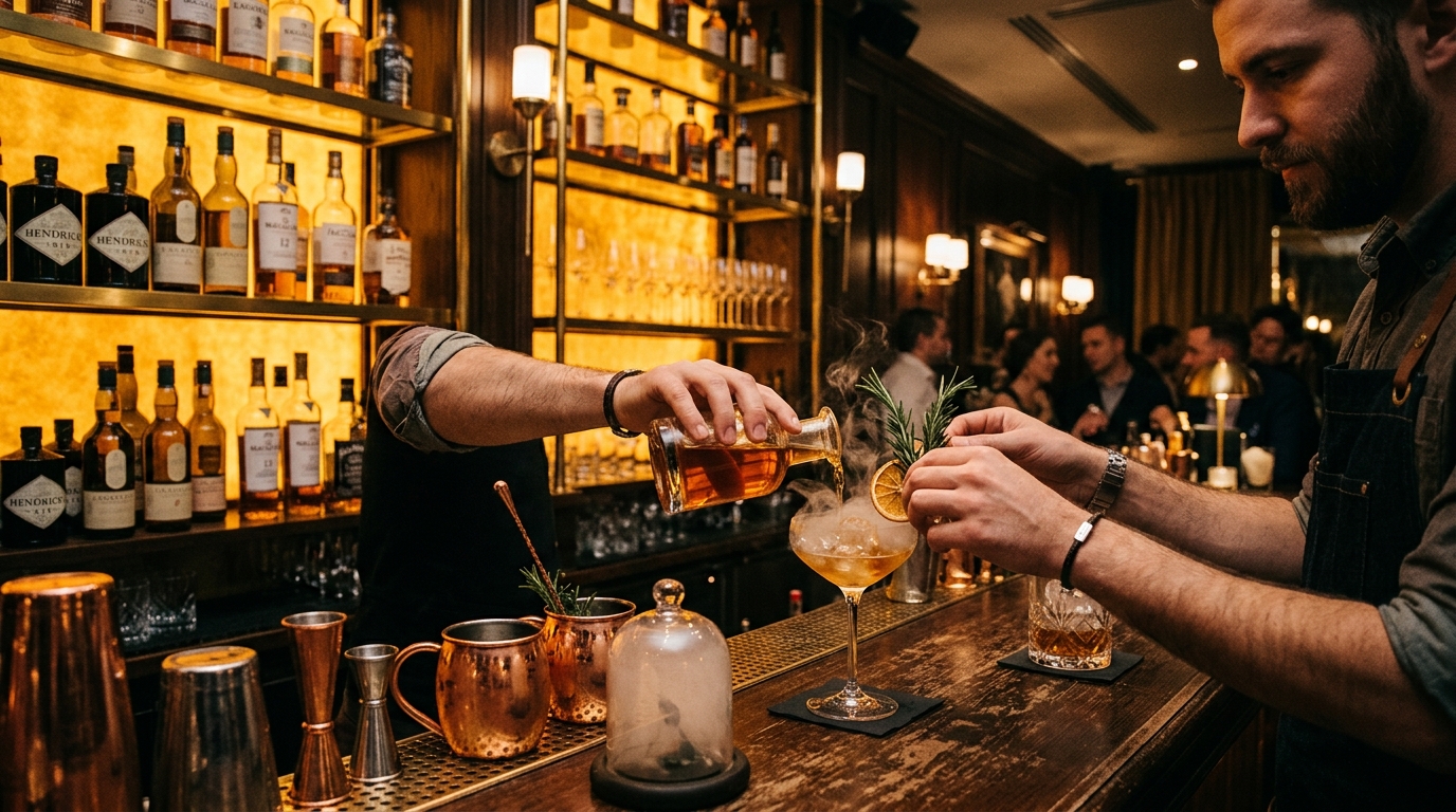 The bar at The Ember Room — amber backlit shelving and artisan cocktails